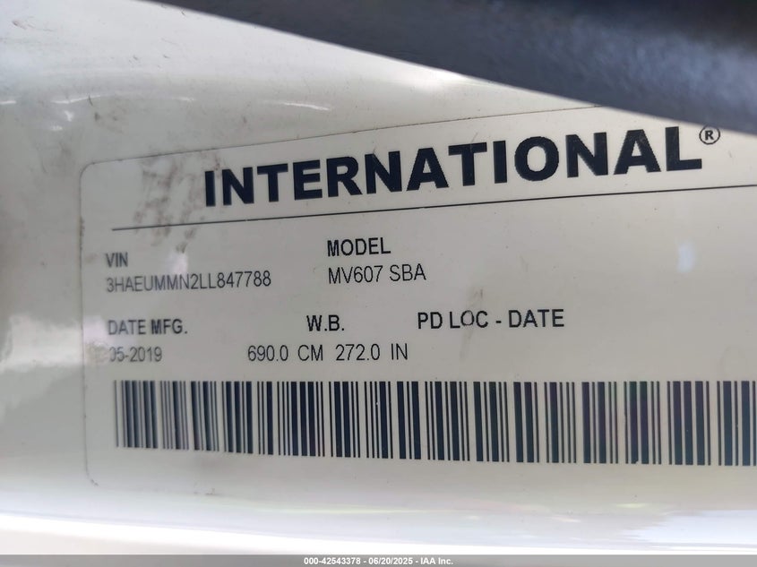 2020 International Mv VIN: 3HAEUMMN2LL847788 Lot: 42543378