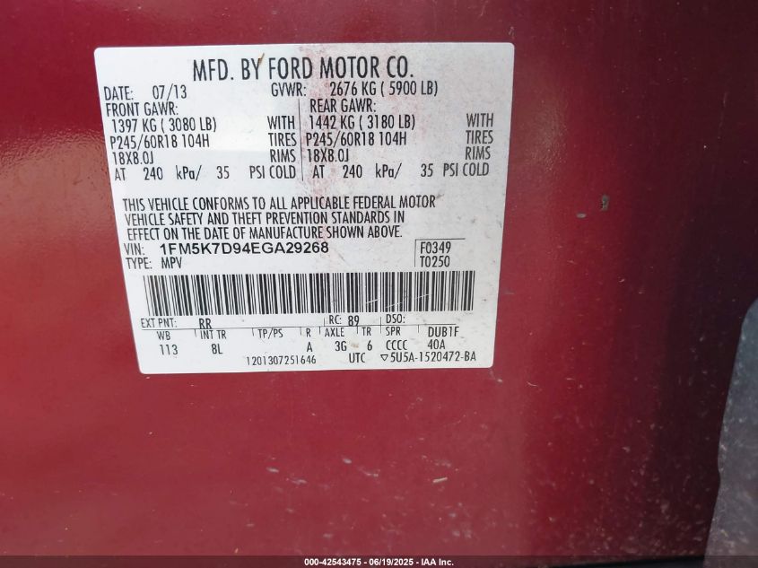 2014 Ford Explorer Xlt VIN: 1FM5K7D94EGA29268 Lot: 42543475
