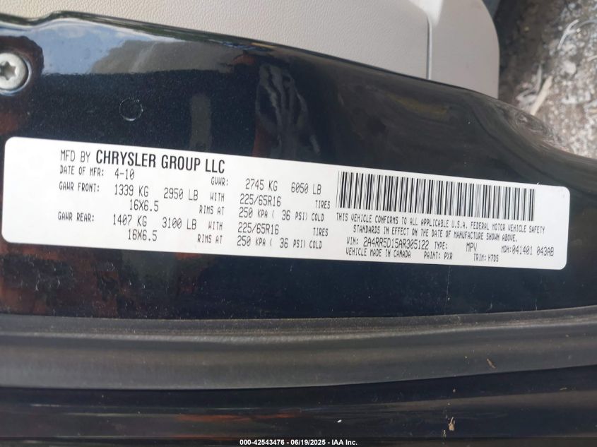 2010 Chrysler Town & Country Touring VIN: 2A4RR5D15AR305122 Lot: 42543476