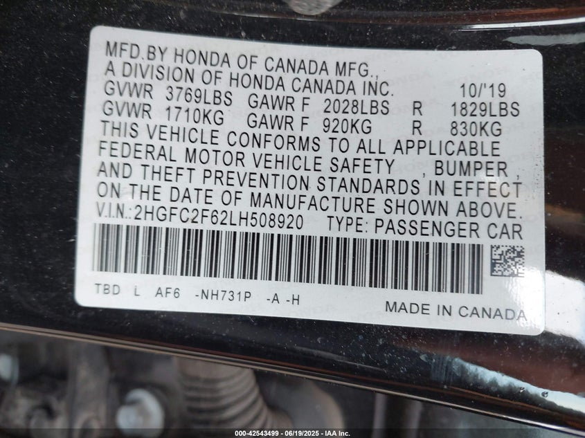 2020 HONDA CIVIC VIN: 2HGFC2F62LH508920
