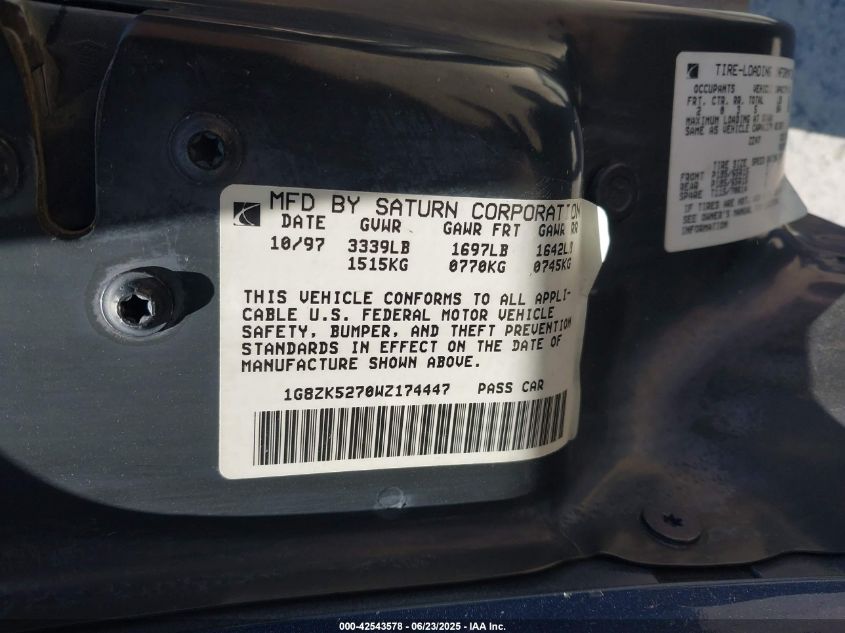 1998 Saturn Sl2 VIN: 1G8ZK5270WZ174478 Lot: 42543578