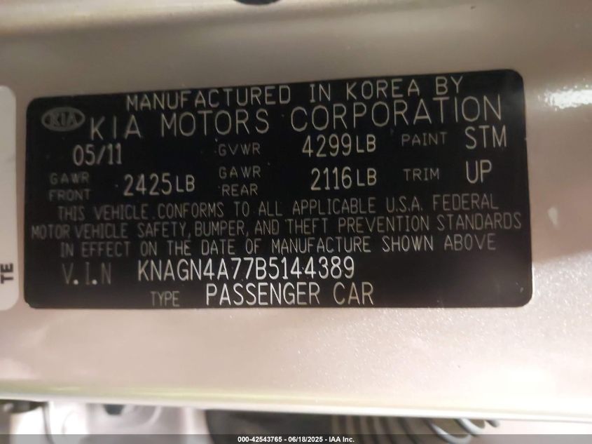 2011 Kia Optima Ex VIN: KNAGN4A77B5144389 Lot: 42543765