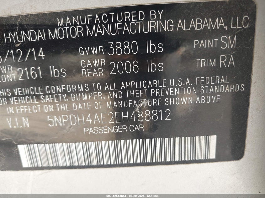 2014 Hyundai Elantra Limited VIN: 5NPDH4AE2EH488812 Lot: 42543844