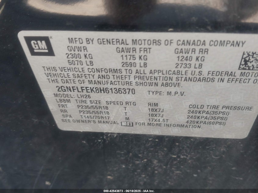VIN 2GNFLFEK8H6136370 2017 CHEVROLET EQUINOX LT