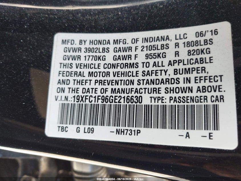 2016 HONDA CIVIC TOURING - 19XFC1F96GE216630