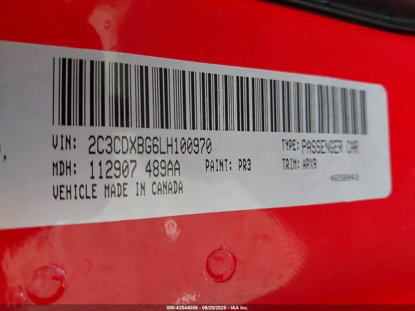 2020 Dodge Charger Sxt Rwd VIN: 2C3CDXBG6LH100970 Lot: 42544058