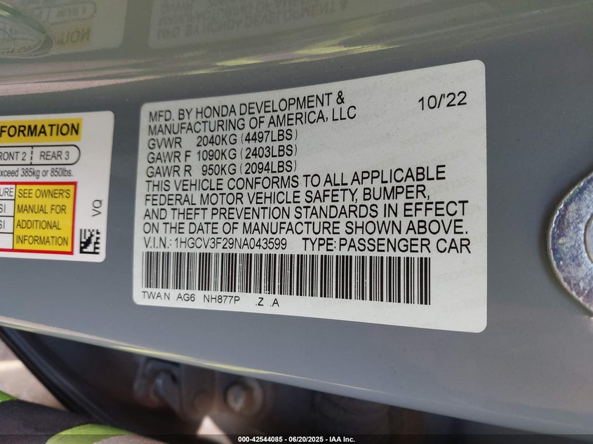 2022 HONDA ACCORD HYBRID SPORT - 1HGCV3F29NA043599