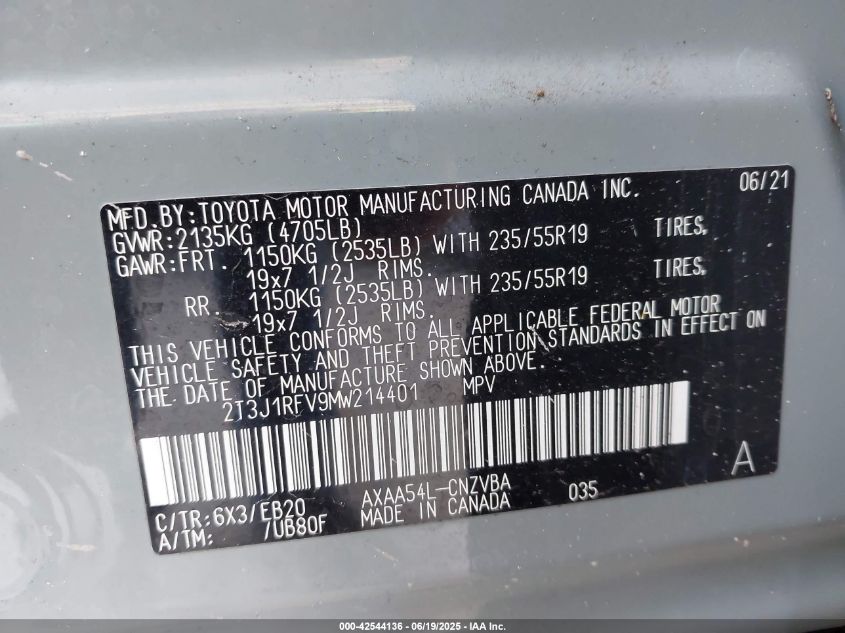 2021 Toyota Rav4 Adventure VIN: 2T3J1RFV9MW214401 Lot: 42544136