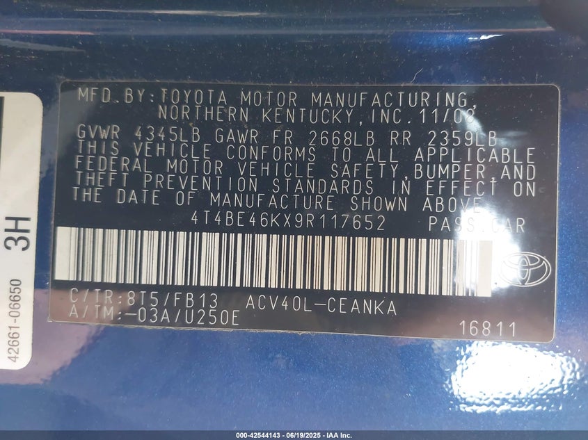 2009 TOYOTA CAMRY VIN: 4T4BE46KX9R117652