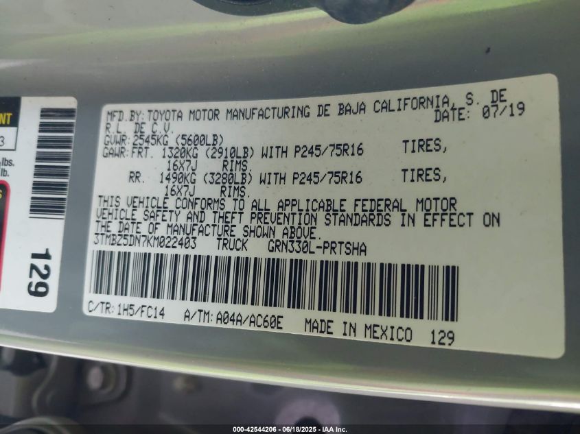 2019 Toyota Tacoma Sr5 VIN: 3TMBZ5DN7KM02240 Lot: 42544206