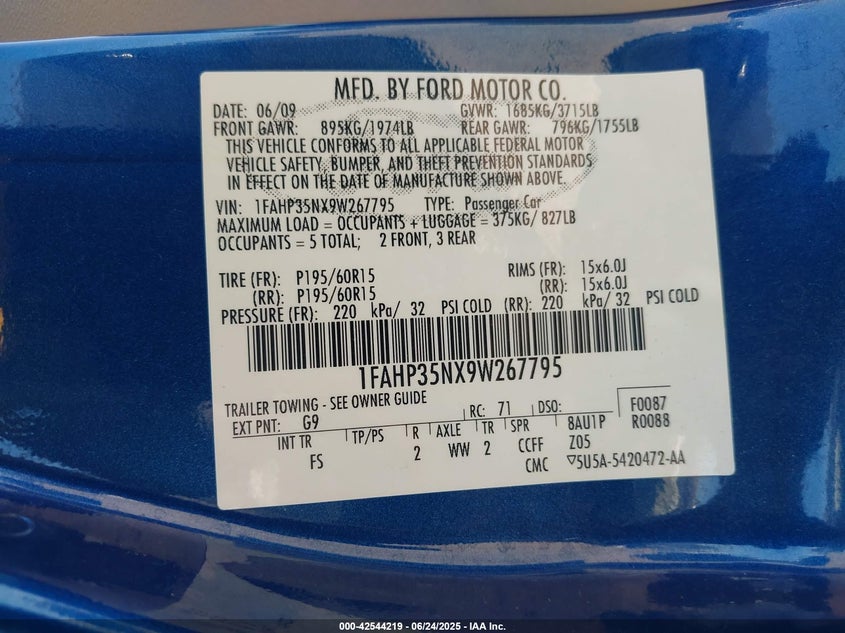 2009 FORD FOCUS VIN: 1FAHP35NX9W267795