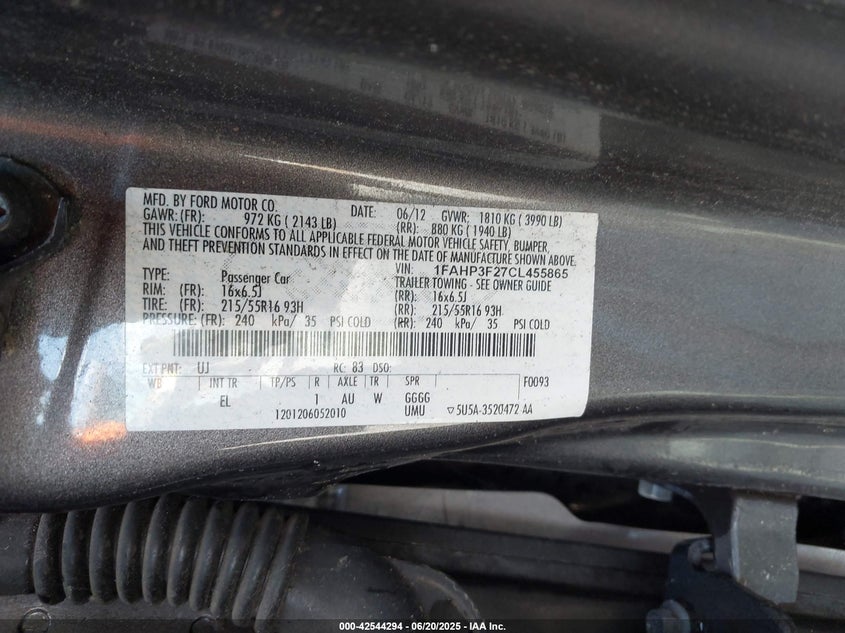 2012 FORD FOCUS VIN: 1FAHP3F27CL455865