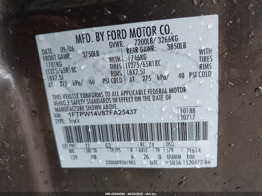 2007 Ford F-150 Fx4/Lariat/Xlt VIN: 1FTPW14V87FA25437 Lot: 42544306