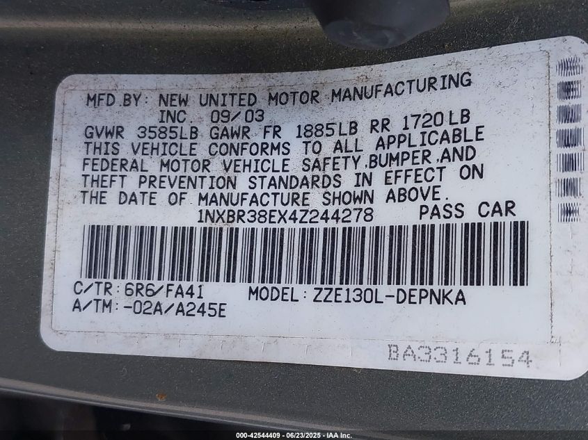 2004 Toyota Corolla Ce/Le/S VIN: 1NXBR38EX4Z244278 Lot: 42544409