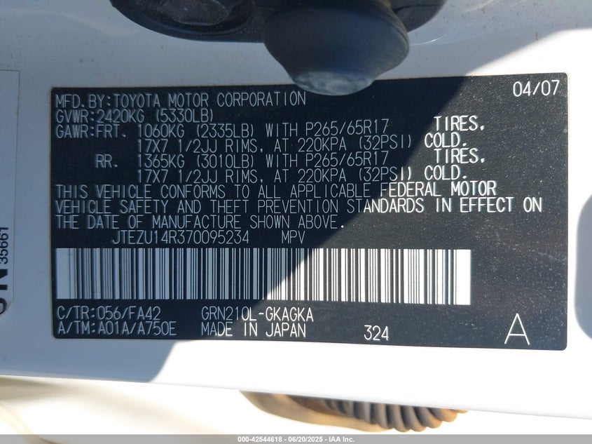 2007 TOYOTA 4RUNNER VIN: JTEZU14R370095234