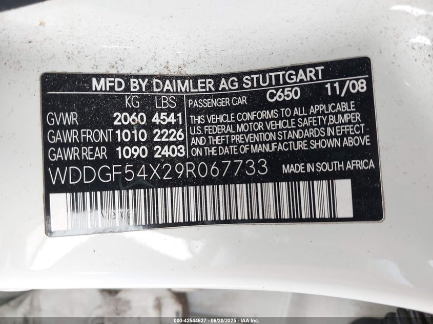 2009 MERCEDES-BENZ C 300 VIN: WDDGF54X29R067733