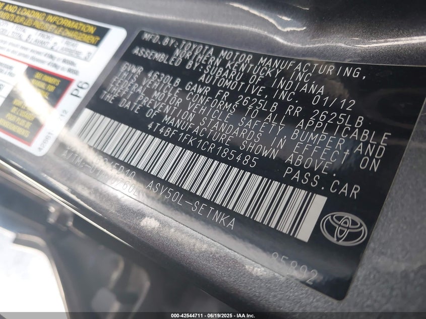 2012 TOYOTA CAMRY VIN: 4T4BF1FK1CR185485