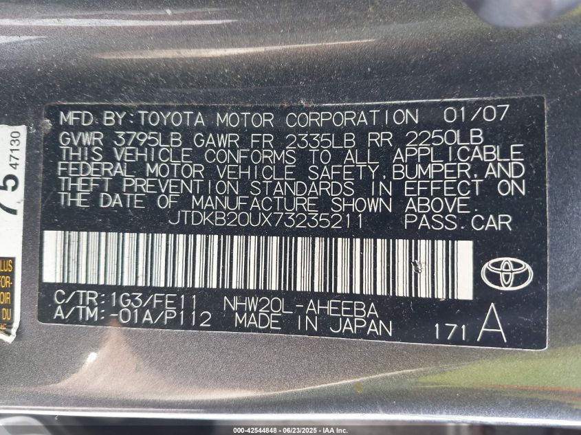 2007 Toyota Prius VIN: JTDKB20UX73235211 Lot: 42544848