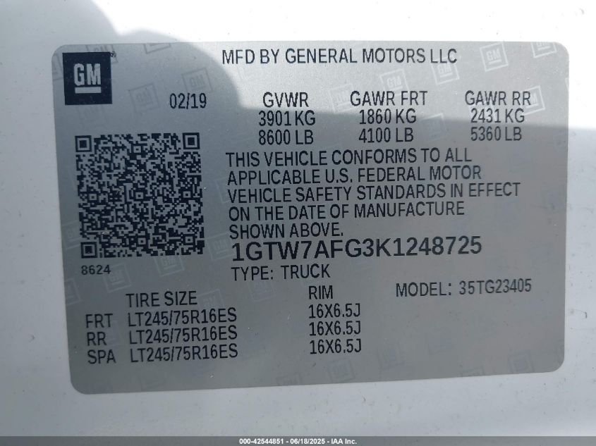 2019 GMC Savana 2500 Work Van VIN: 1GTW7AFG3K1248725 Lot: 42544851