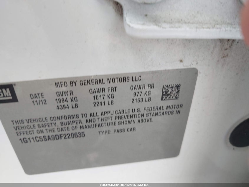 2013 CHEVROLET MALIBU VIN: 1G11C5SA9DF220635