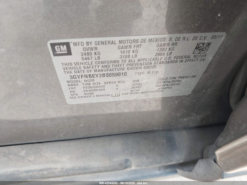 2011 Cadillac Srx Performance Collection VIN: 3GYFNBEY2BS659810 Lot: 42545202