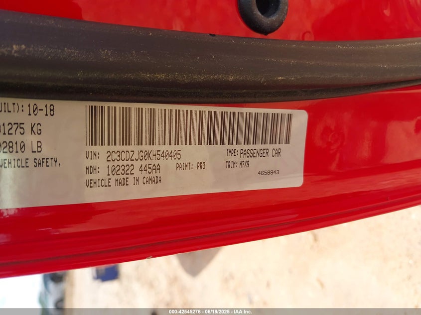 2019 Dodge Challenger Gt VIN: 2C3CDZJG0KH540405 Lot: 42545276