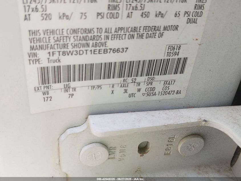 2014 Ford F-350 Lariat VIN: 1FT8W3DT1EEB76637 Lot: 42545326