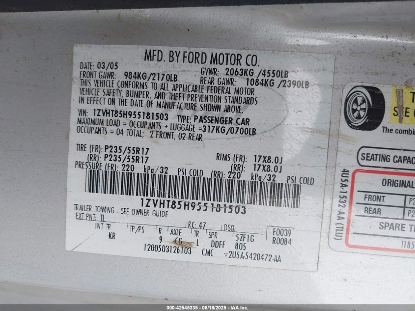 2005 Ford Mustang Gt VIN: 1ZVHT85H955181503 Lot: 42545335
