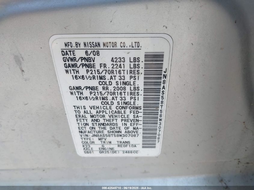 2008 Nissan Rogue S VIN: JN8AS58T58W307087 Lot: 42545710