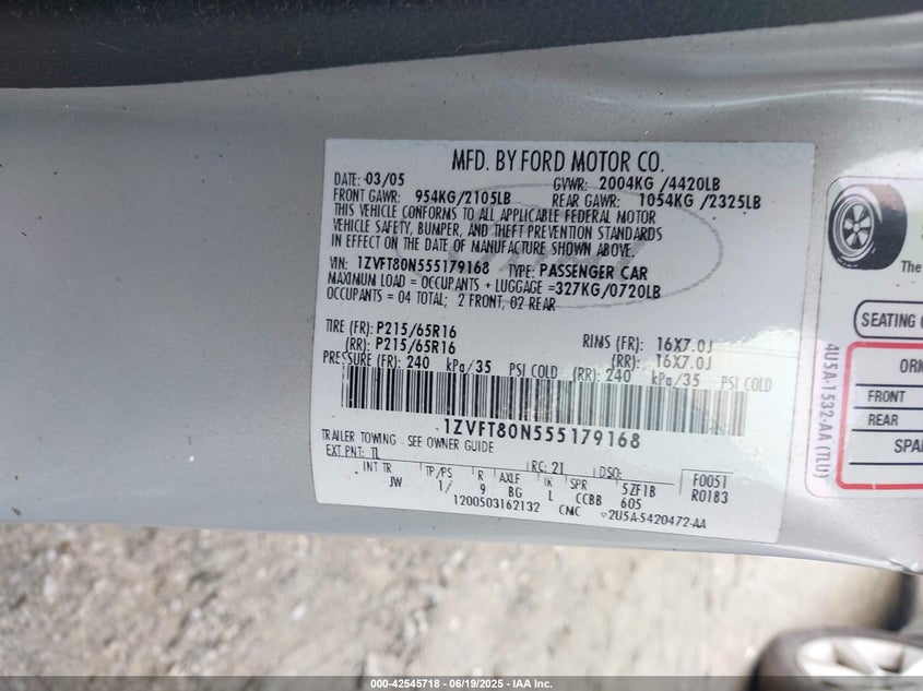 2005 Ford Mustang V6 Deluxe/V6 Premium VIN: 1ZVFT80N555179168 Lot: 42545718