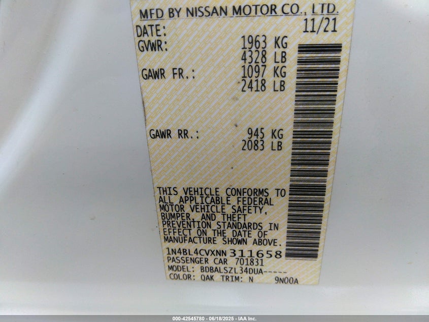 2022 Nissan Altima Sr Fwd VIN: 1N4BL4CVXNN311658 Lot: 42545780