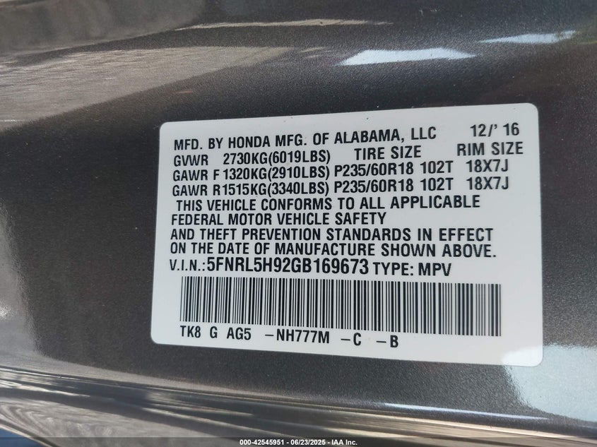 2016 HONDA ODYSSEY VIN: 5FNRL5H92GB169673
