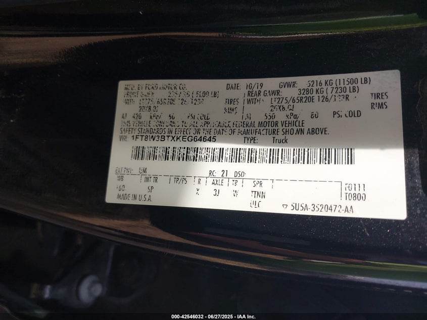 2019 Ford F-350 King Ranch VIN: 1FT8W3BTXKEG64645 Lot: 42546032