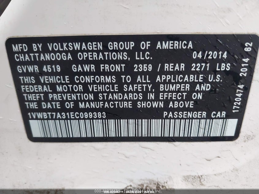 2014 VOLKSWAGEN PASSAT 1.8T SE - 1VWBT7A31EC099383