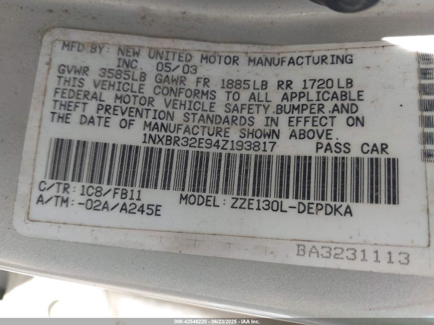 2004 Toyota Corolla Ce VIN: 1NXBR32E94Z193817 Lot: 42546220