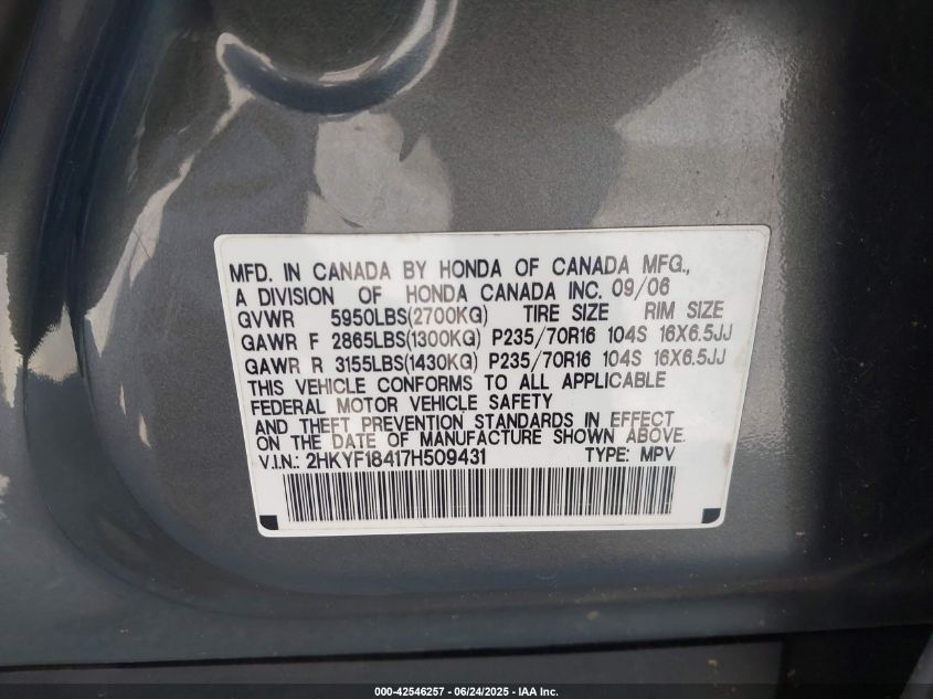 2007 Honda Pilot Ex VIN: 2HKYF18417H509431 Lot: 42546257