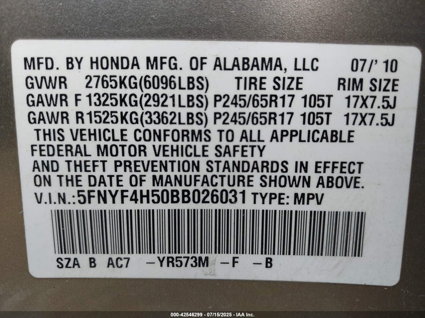 2011 Honda Pilot Ex-L VIN: 5FNYF4H50BB026031 Lot: 42546299