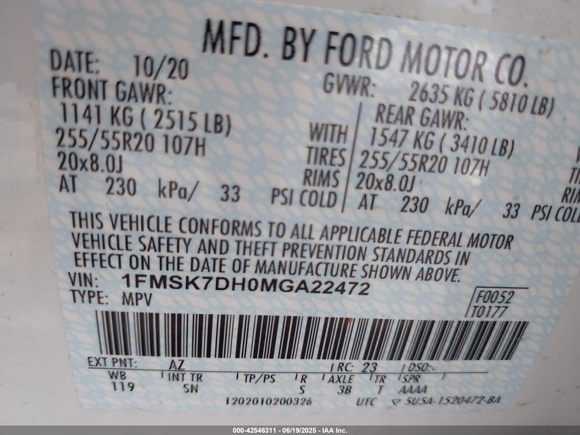 2021 FORD EXPLORER VIN: 1FMSK7DH0MGA22472