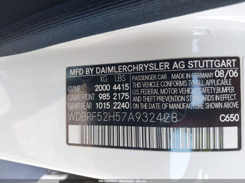 2007 Mercedes-Benz C 230 Sport VIN: WDBRF52H57A932428 Lot: 42546347