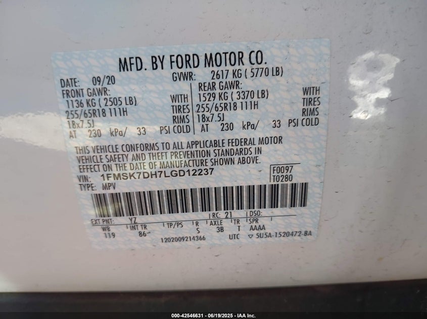 VIN 1FMSK7DH7LGD12237 2020 FORD EXPLORER XLT
