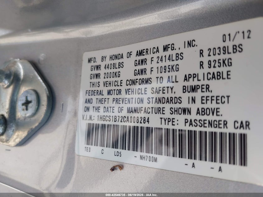 2012 Honda Accord 2.4 Ex VIN: 1HGCS1B72CA008284 Lot: 42546735
