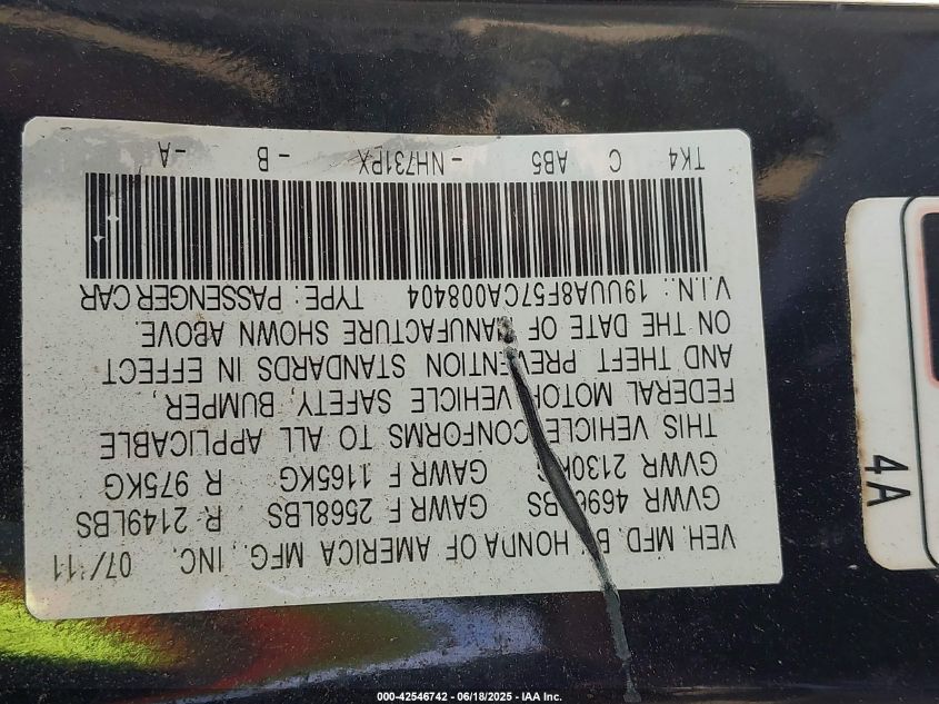 2012 Acura Tl 3.5 VIN: 19UUA8F57CA008404 Lot: 42546742