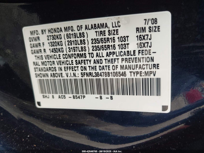 2008 Honda Odyssey Ex VIN: 5FNRL38478B106546 Lot: 42546765