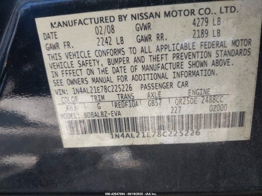 2008 NISSAN ALTIMA VIN: 1N4AL21E78C225226