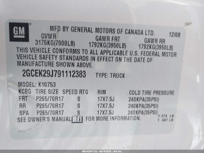 2009 Chevrolet Silverado 1500 Lt VIN: 2GCEK29J791112383 Lot: 42547132