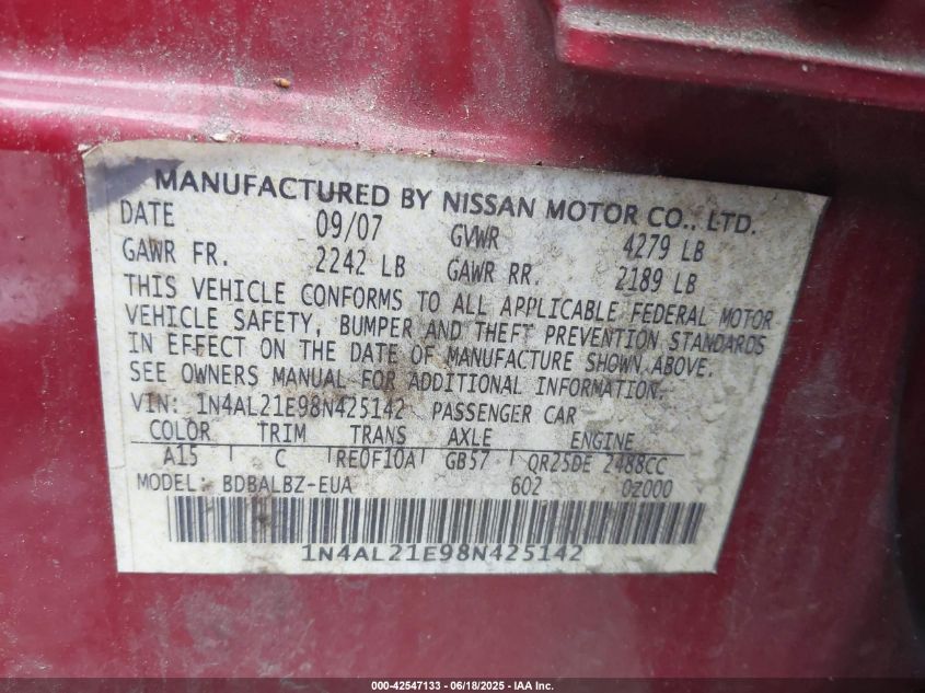 2008 Nissan Altima 2.5 S VIN: 1N4AL21E98N425142 Lot: 42547133