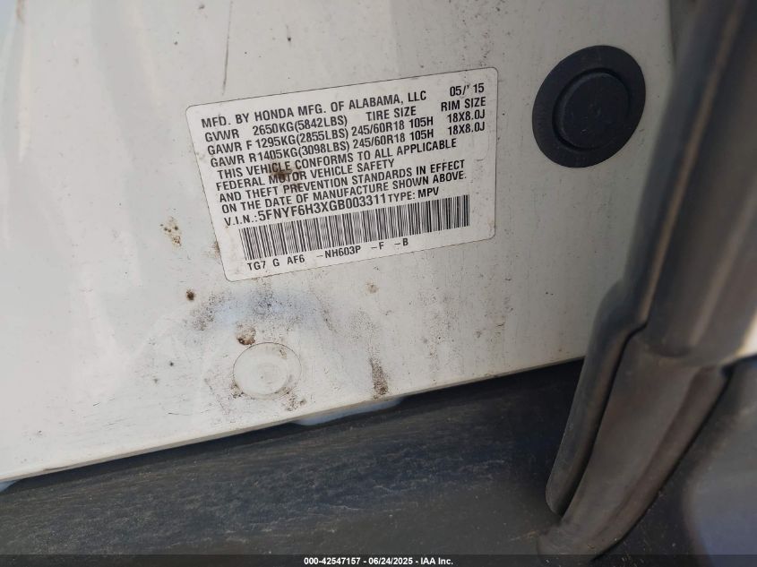 2016 Honda Pilot Ex VIN: 5FNYF6H3XGB703311 Lot: 42547157