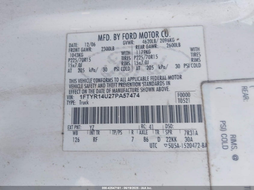 2007 Ford Ranger Sport/Stx/Xl/Xlt VIN: 1FTYR14U27PA57474 Lot: 42547161