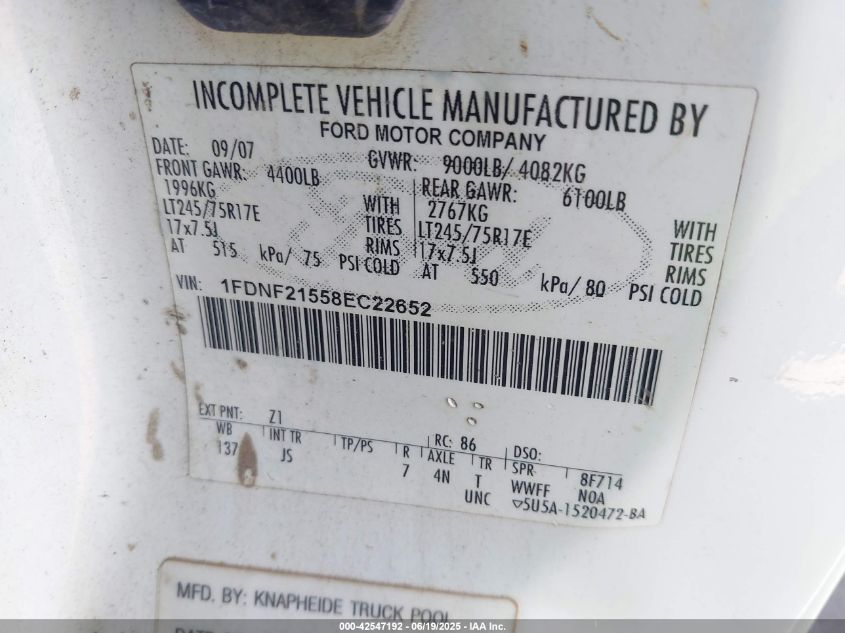 2008 Ford F-250 Xl/Xlt VIN: 1FDNF21558EC22652 Lot: 42547192