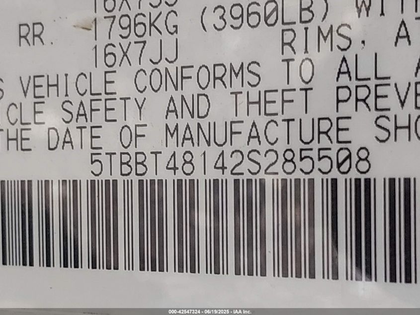 2002 Toyota Tundra Ltd V8 VIN: 5TBBT48142S285508 Lot: 42547324